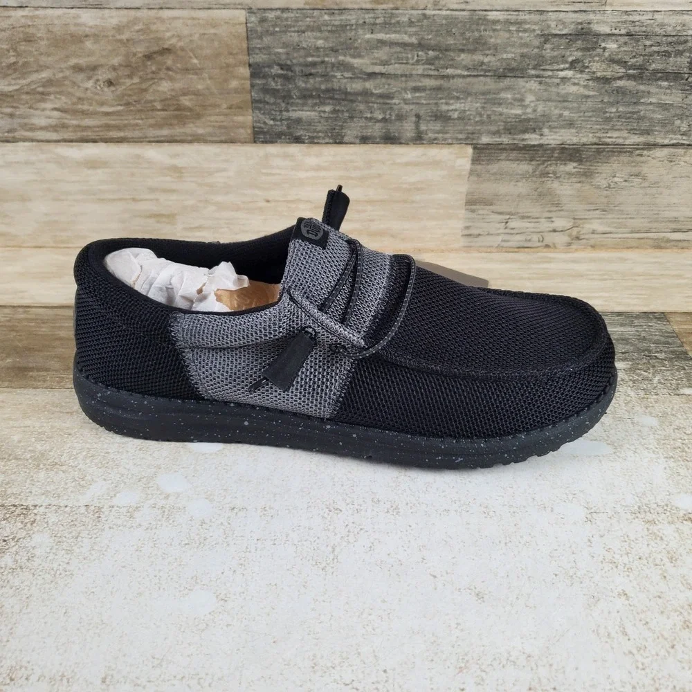 Hey Dude Wally Tri Varsity Mesh Mens Loafers Shoes Sz 9 Black Gray Round Toe